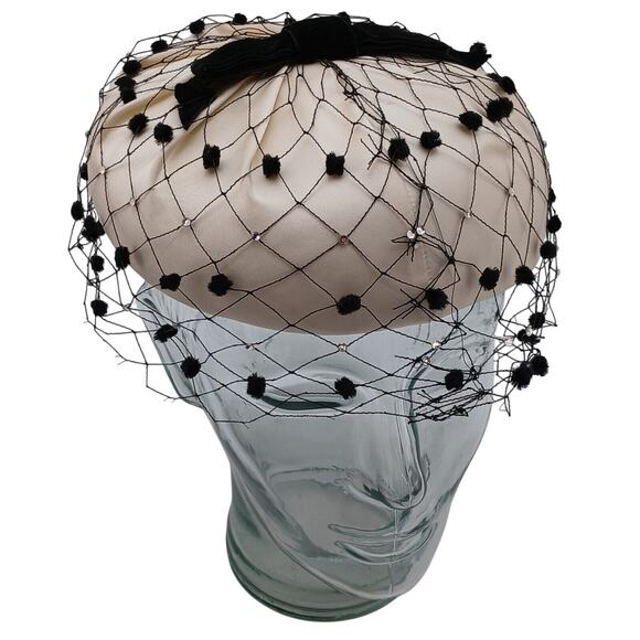 Ivory Fabric & Satin Pillbox Ladies Hat W/ Black Net Veil -Cathay of California - Picture 1 of 12